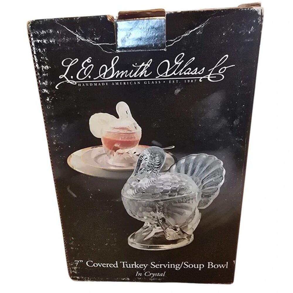 L.E. Smith Glass Co. 7" Clear Crystal Covered Turkey Serving Dish / Soup Bowl